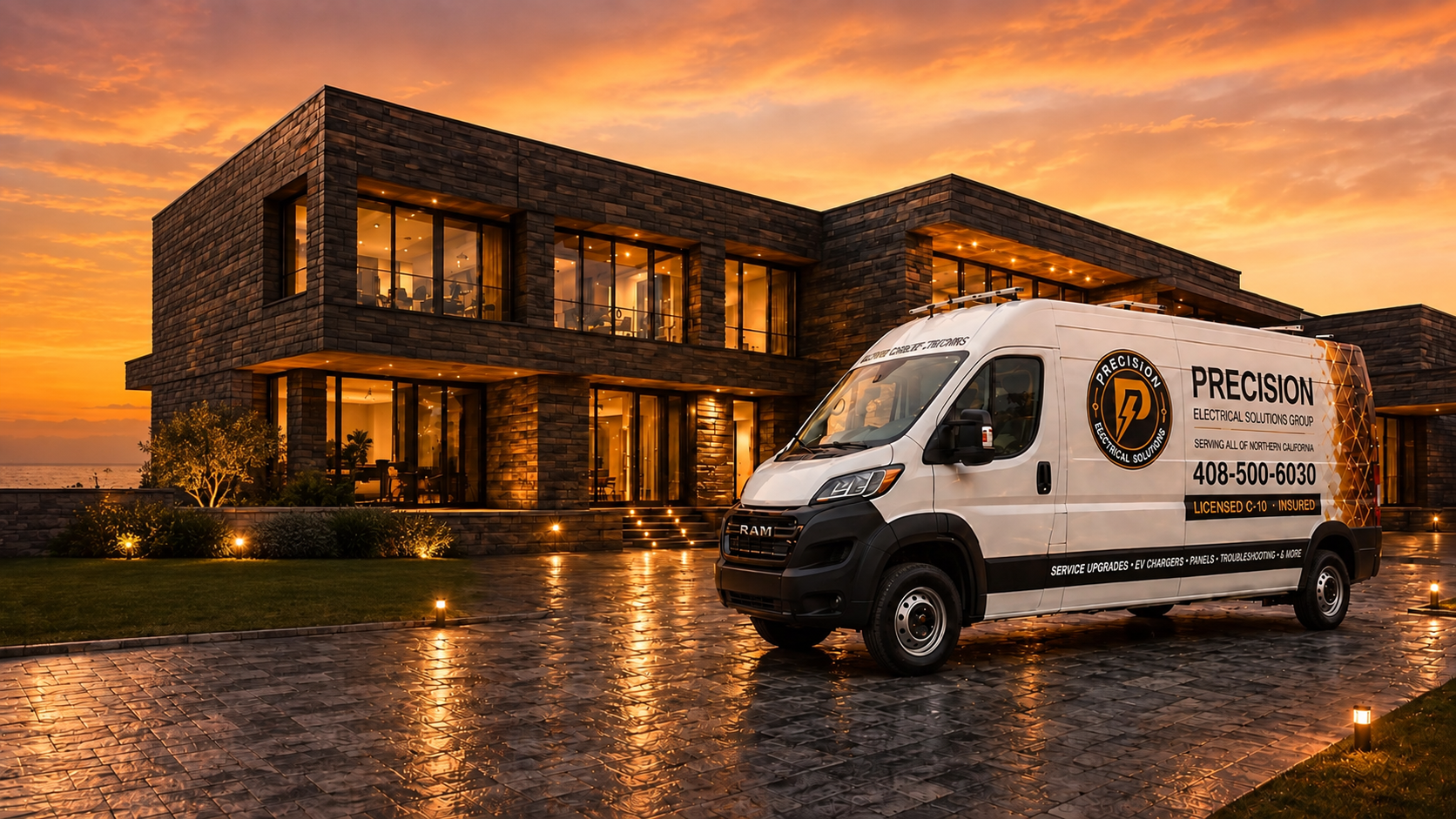 Precision Electrical Solutions service van in front of a professionally lit Northern California home
