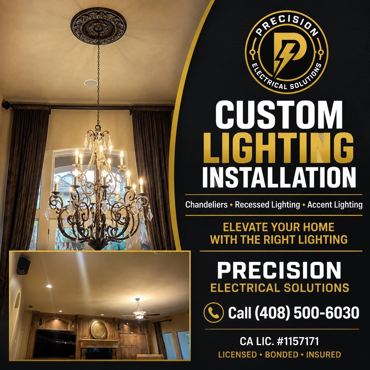 Custom chandelier and lighting installation by Precision Electrical Solutions