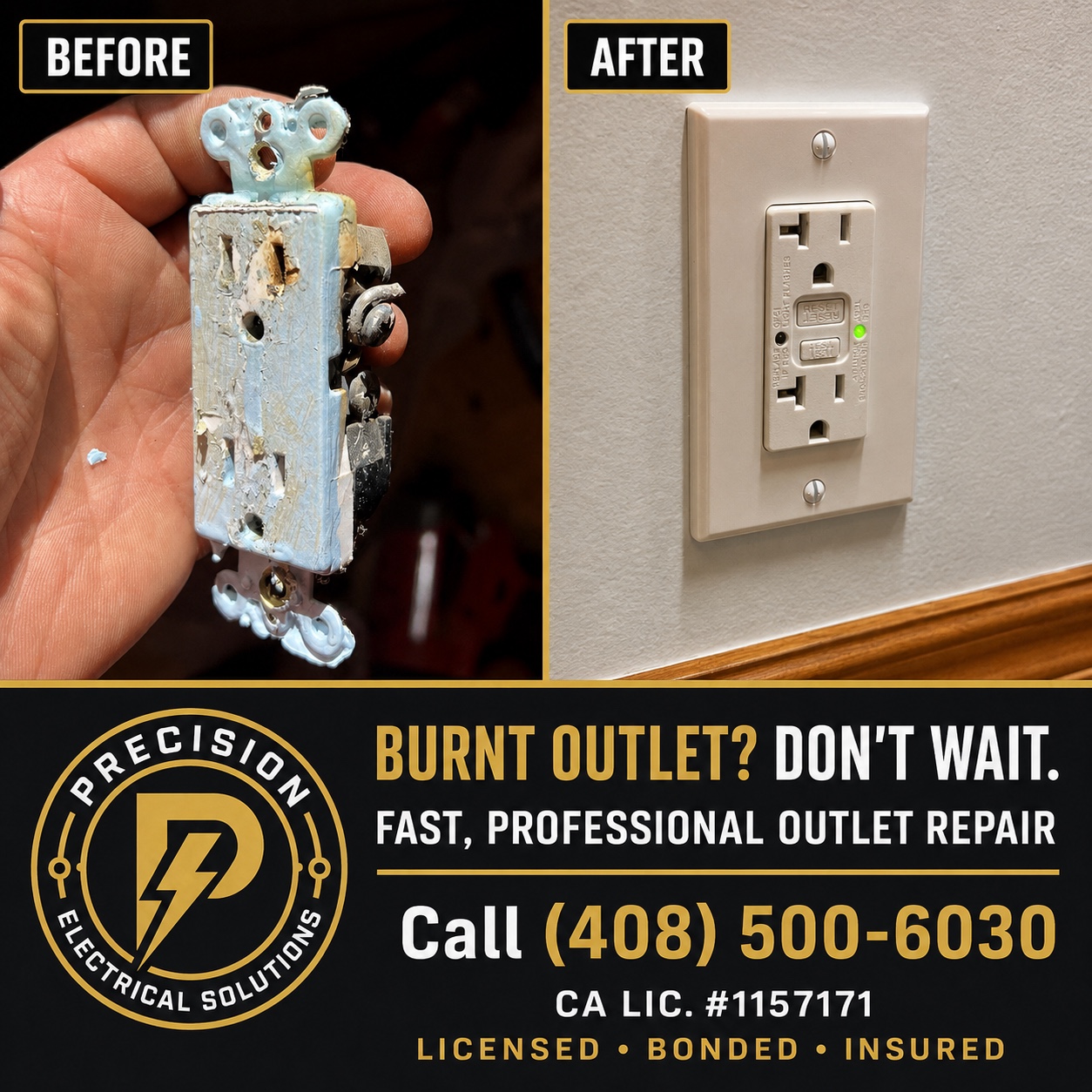 Before and after burnt outlet repair by Precision Electrical Solutions